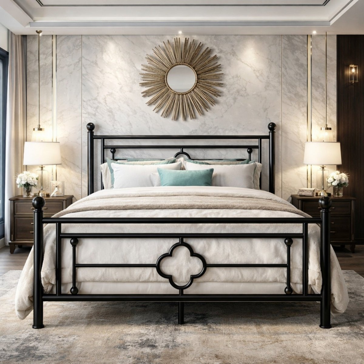 Queen size black vintage metal bed frame by Kouvr styled in a luxury bedroom with a marble accent wall, a gold sunburst mirror, and bedside lamps.
