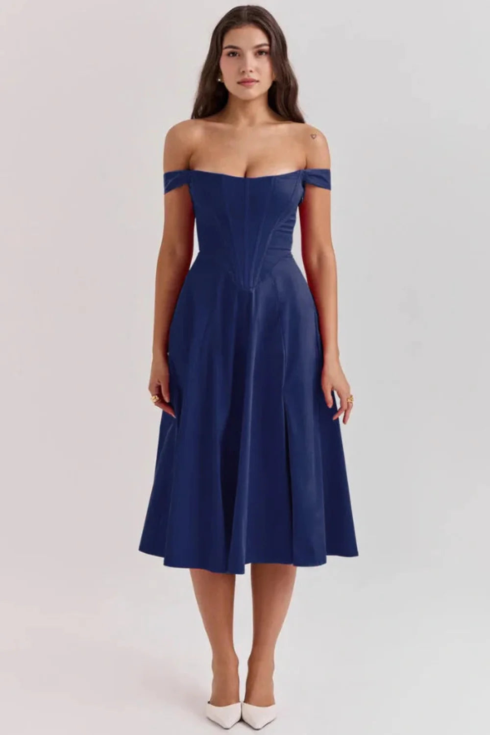 sculpted silhouette,' 'structured bodice,' 'cinched waist,' 'sweetheart neckline,' 'lace-up back,' and 'timeless elegance