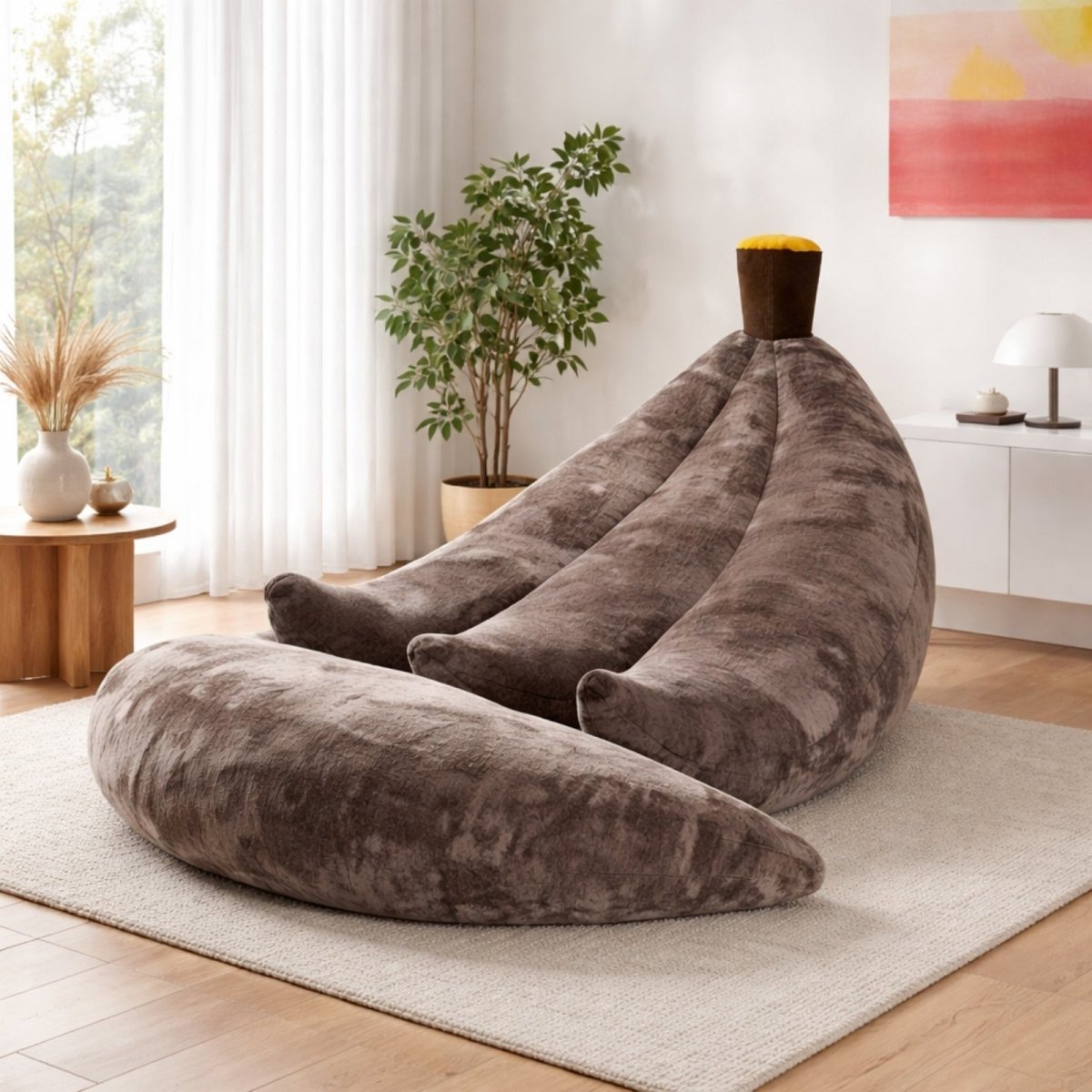 Chocolate brown plush banana chair styled in a modern living room with minimalist decor.
