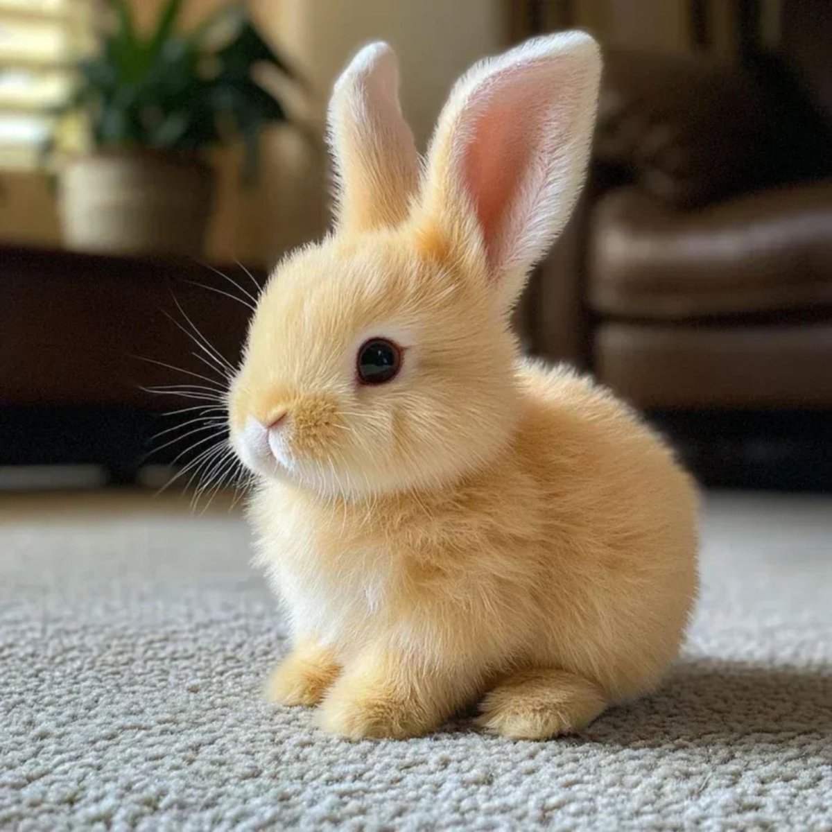 A lifelike white interactive walking bunny toy for kids named Bunby by Kouvr, sitting on a carpet.