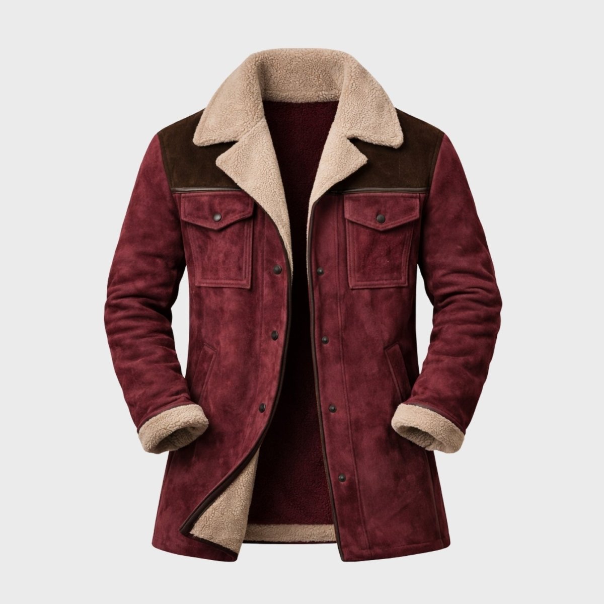 Flat lay of the open burgundy suede trucker jacket displaying the full plush sherpa lining and contrast collar.
