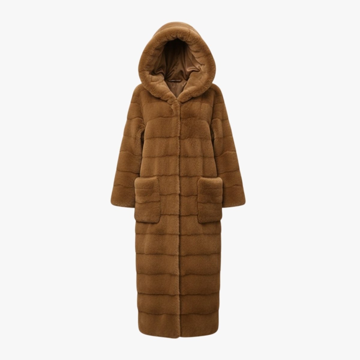 Front view of the Kouvr hooded faux fur teddy coat in camel laid flat to show its full shape and texture.
