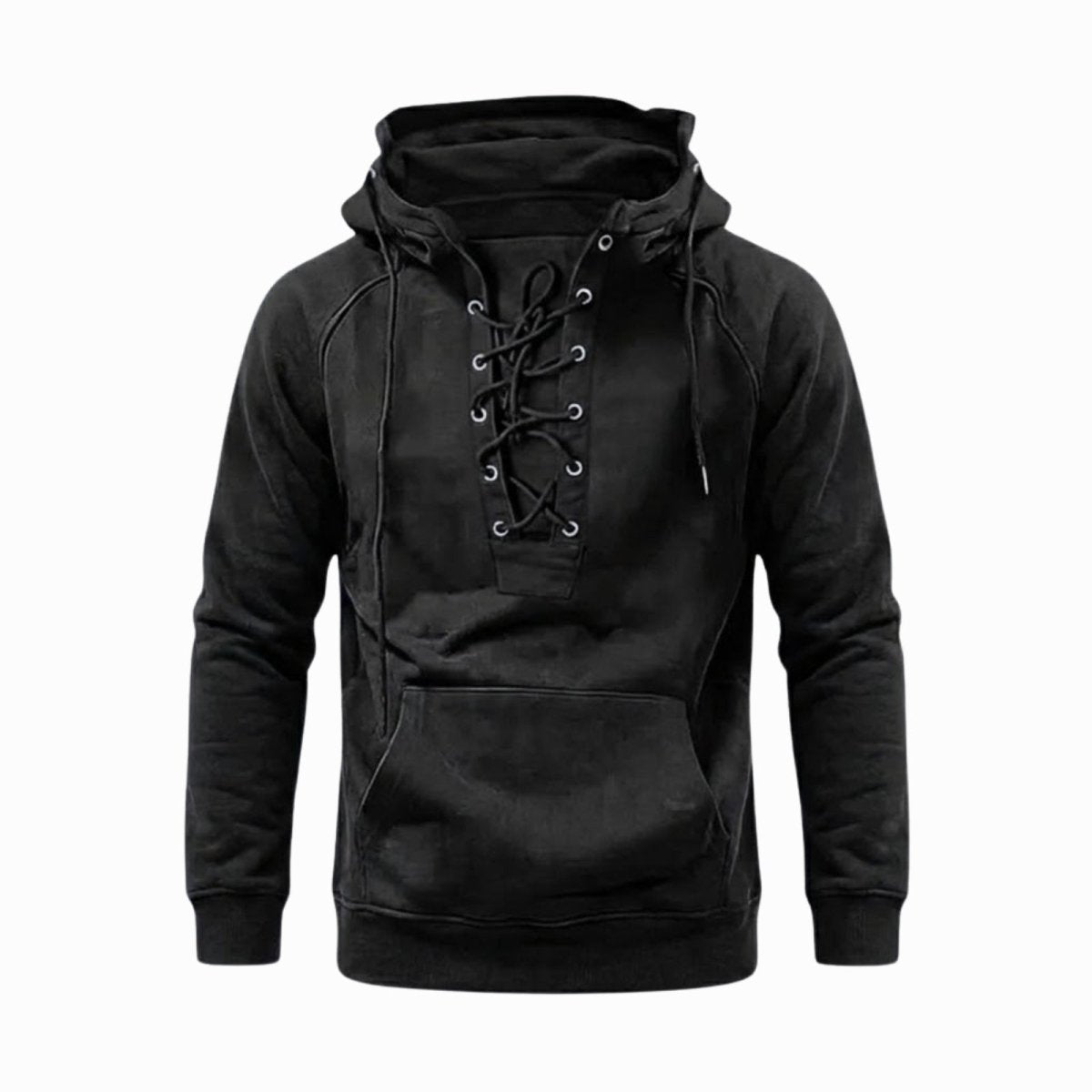 Flat lay front view of the Kouvr men's washed black hoodie, highlighting the lace-up placket with grommets and kangaroo pocket.

