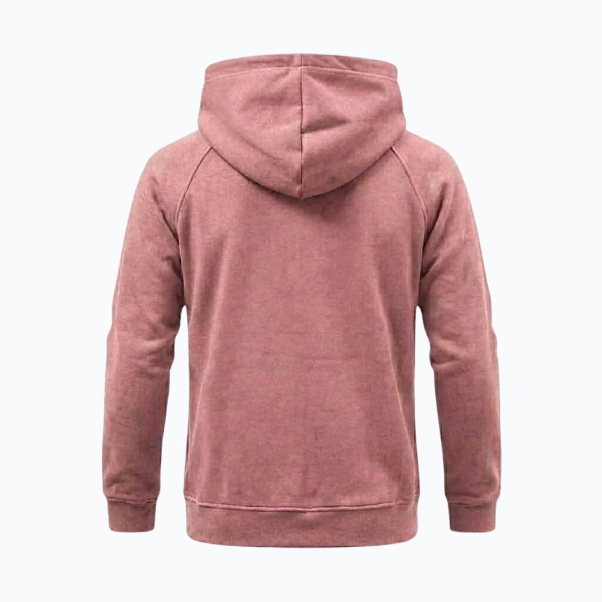 Back view of the Kouvr men's hoodie in pink, highlighting the hood construction and clean lines.