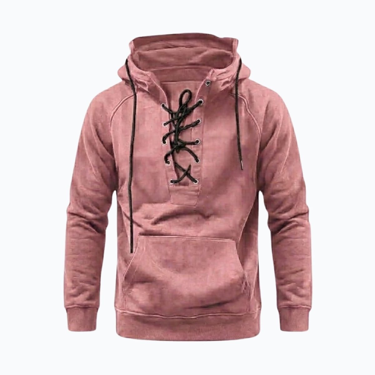 Front view of the Kouvr men's lace-up hoodie in pink, showing the detailed placket and kangaroo pocket.
