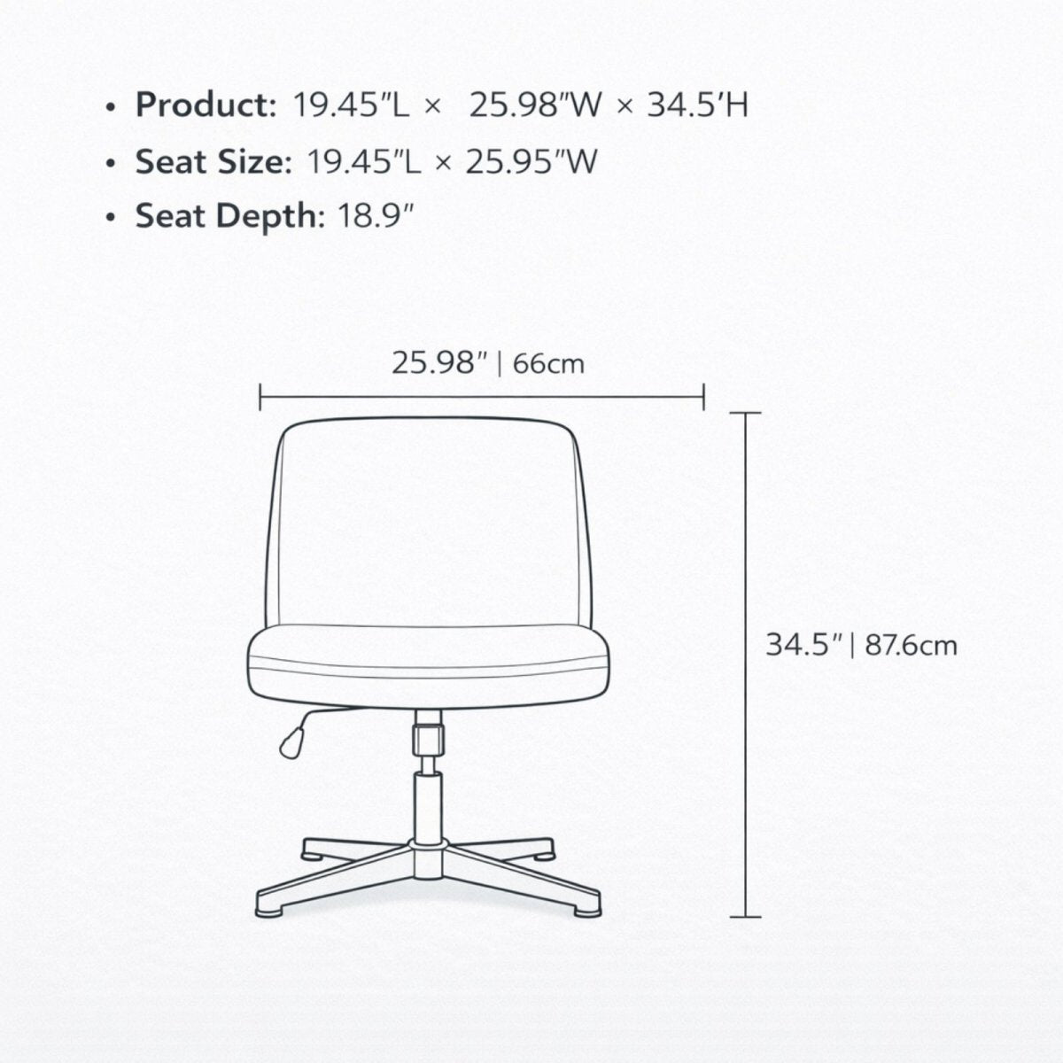 Technical dimension chart for Kouvr chair showing 25.98 inch width and adjustable seat height specifications.
 