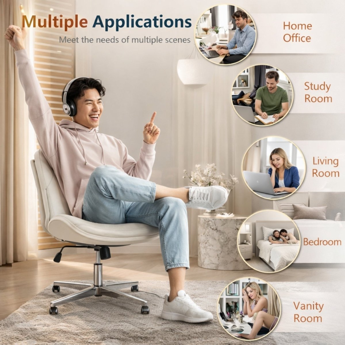  Collage showing Kouvr chair being used for gaming, reading, working, and relaxing in various home environments.
 