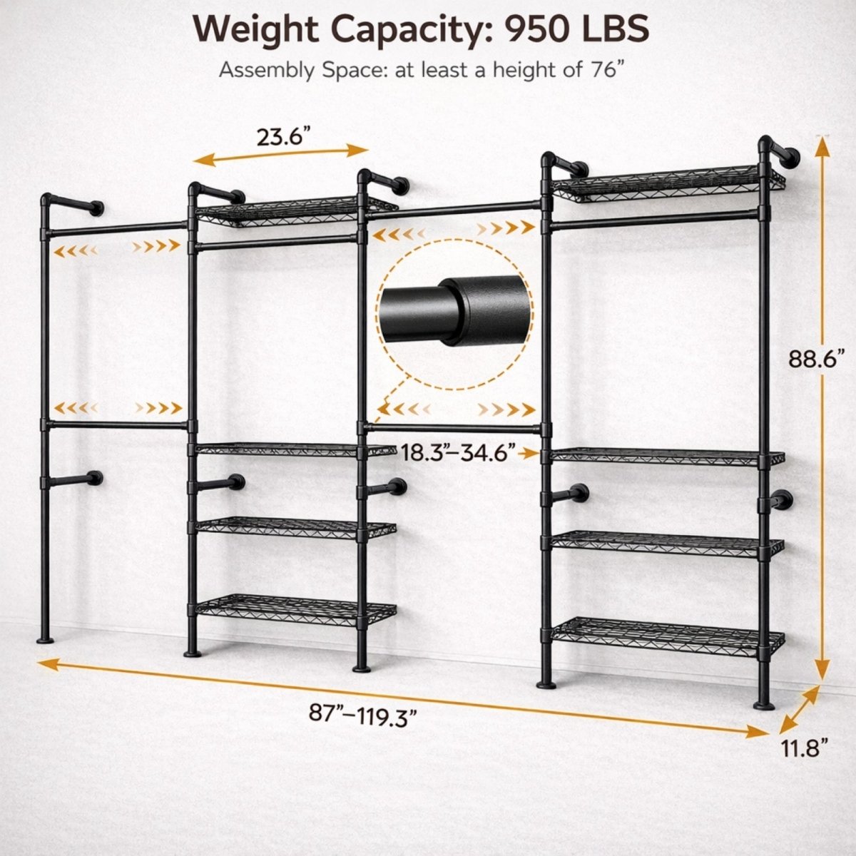 Technical diagram of wall mounted closet system showing 88.6 inch height, 11.8 inch depth, and adjustable width between 87 and 119 inches.
 