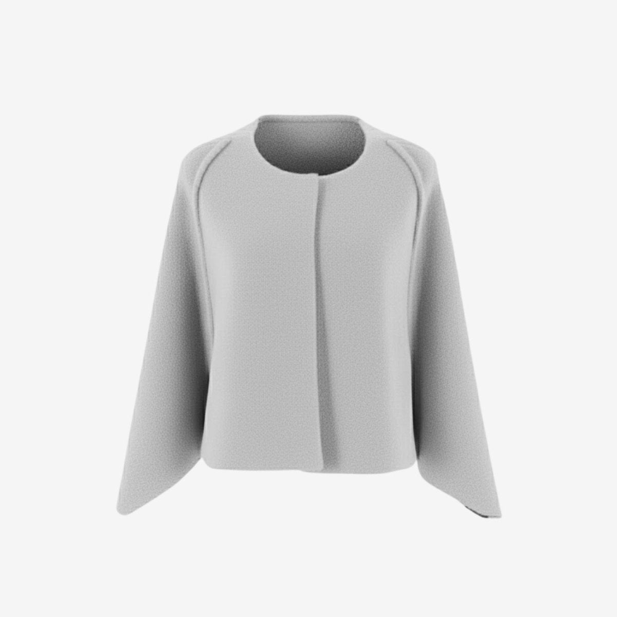Product-only photo of the Kouvr collarless cape jacket in light grey, front view on a white background.
