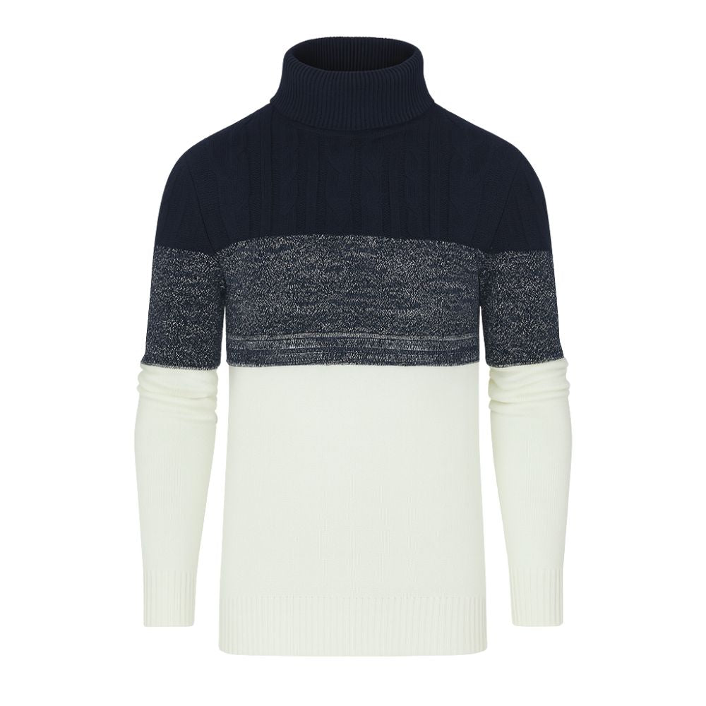 Two-tone sweater with navy blue and white kouvr sleeves on a white background