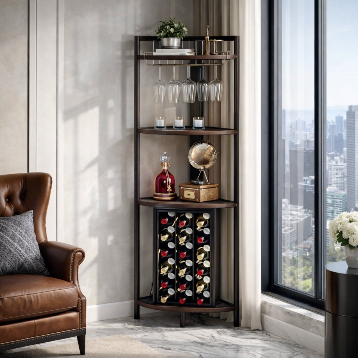 Detailed dimensions diagram of the Kouvr corner bar cabinet, showing height of 63.38 inches and width of 22.83 inches. 