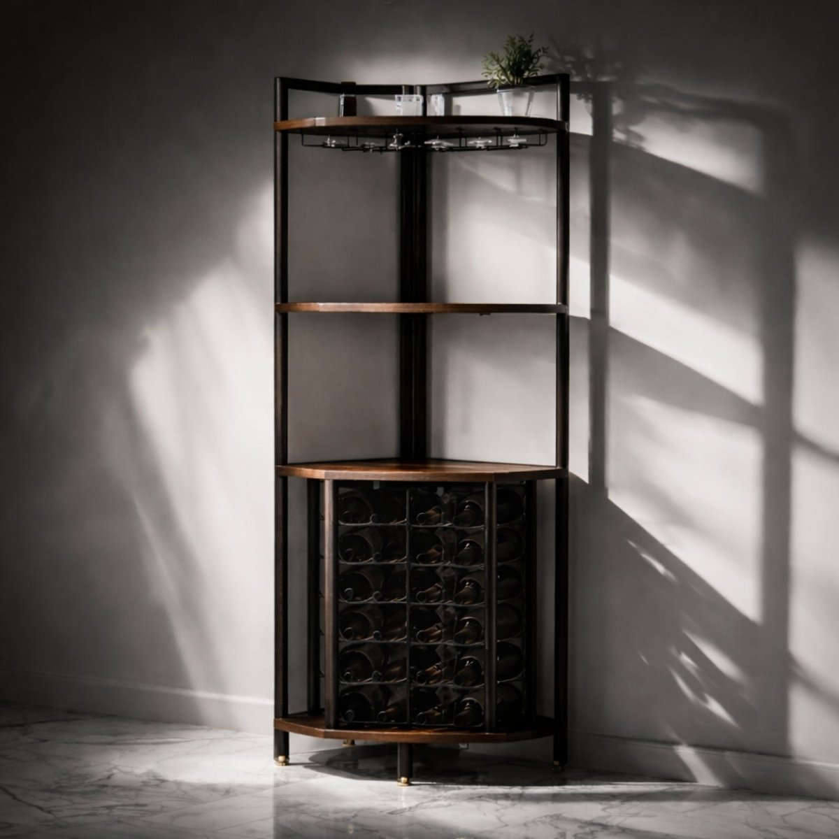 Tall industrial corner bar cabinet by Kouvr in a modern living room, styled with wine bottles, liquor, and stemware.