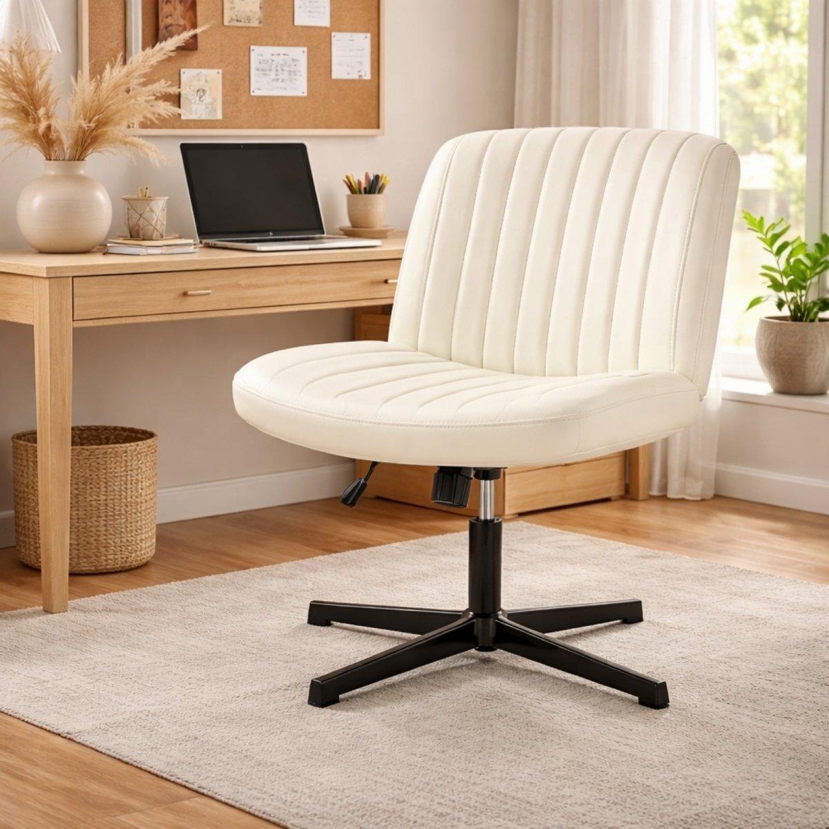 Kouvr Kova armless desk chair in white textured fabric featuring wide seat for cross-legged sitting and black metal base without wheels. 