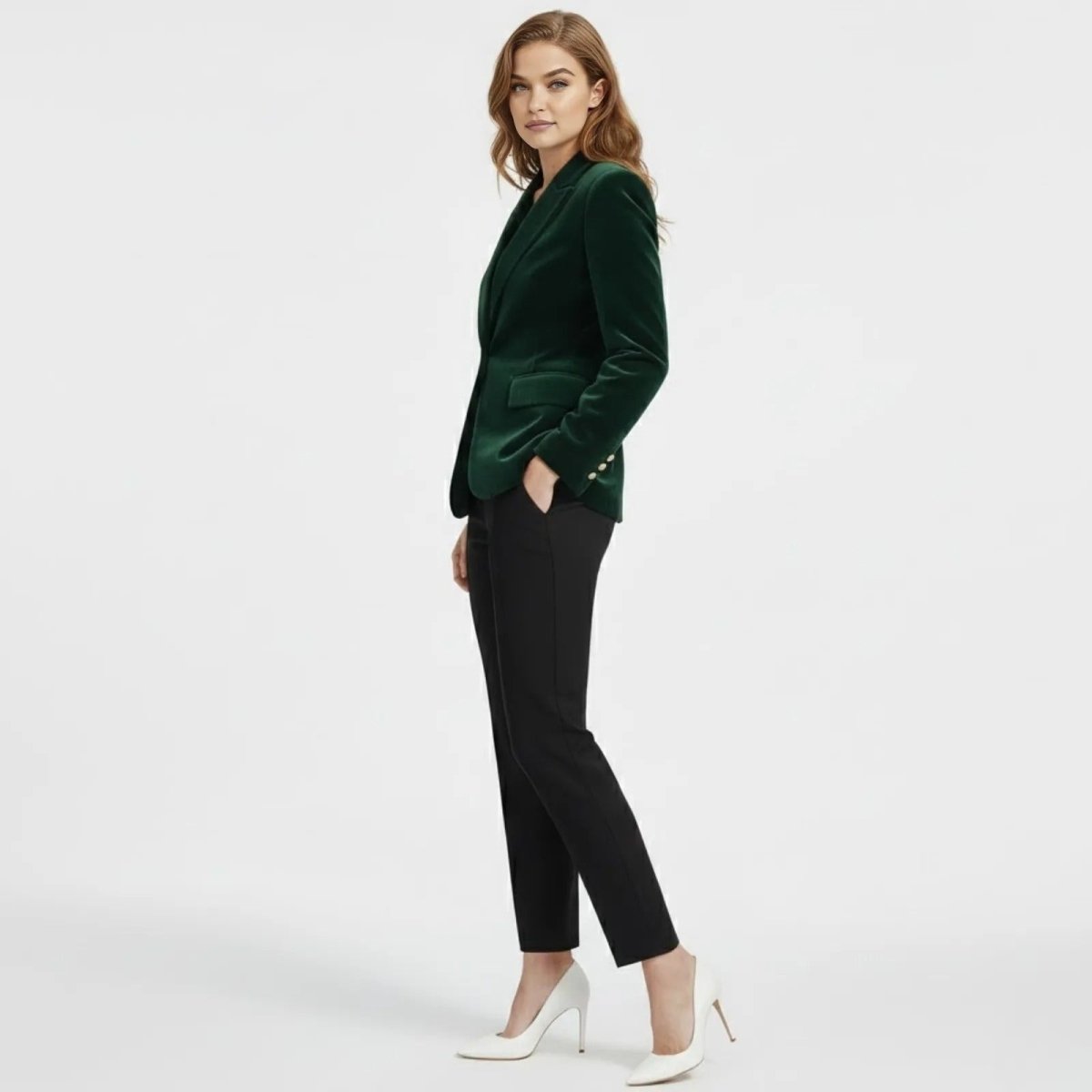 Side profile of a model in the Kouvr dark green velvet jacket showcasing its tailored fit and gold button details on the cuff.
