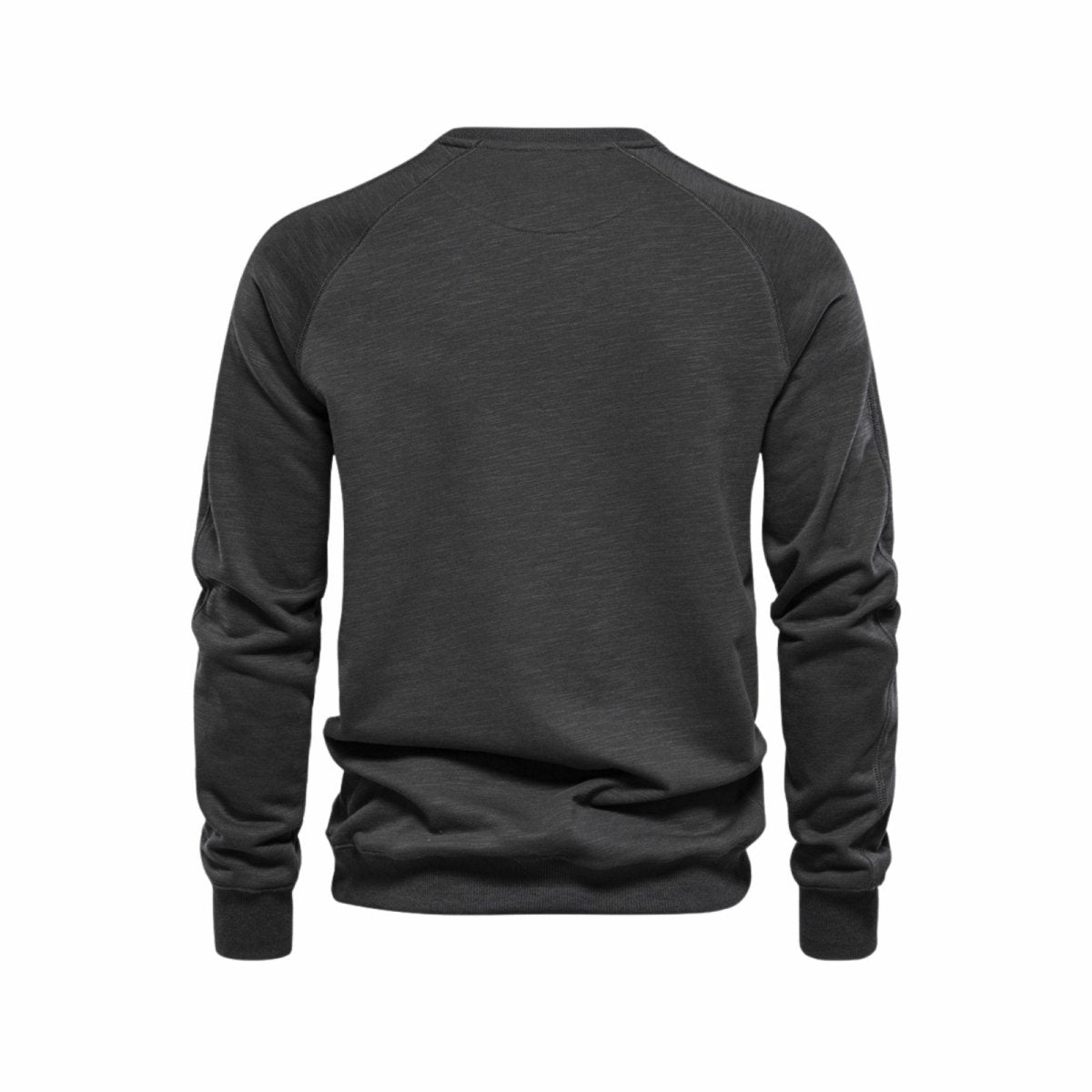 Rear view of the Kouvr Deacon crewneck sweatshirt highlighting the construction of the raglan sleeves and ribbed hem.