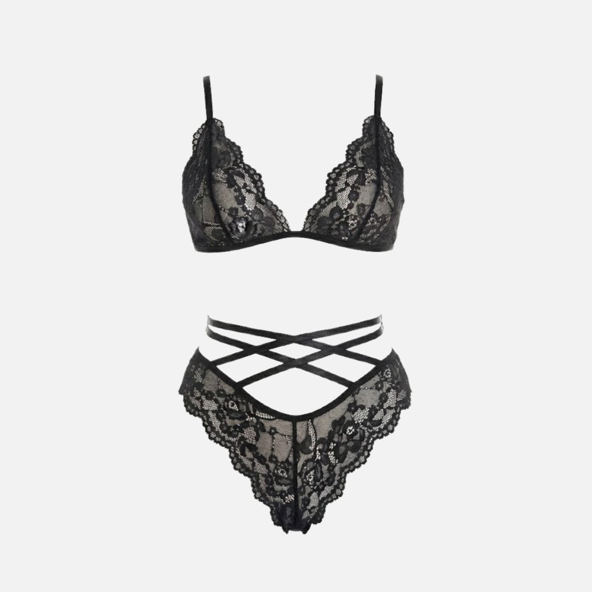 Product flatlay of the Kouvr Desiree black lace lingerie set, showing the front of the bralette and high-waist panty.