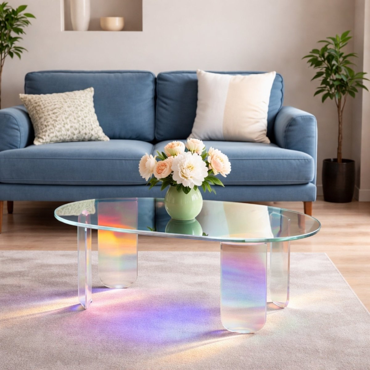 Holographic oval coffee table with clear acrylic slab legs styled with peonies in front of a blue velvet sofa.

