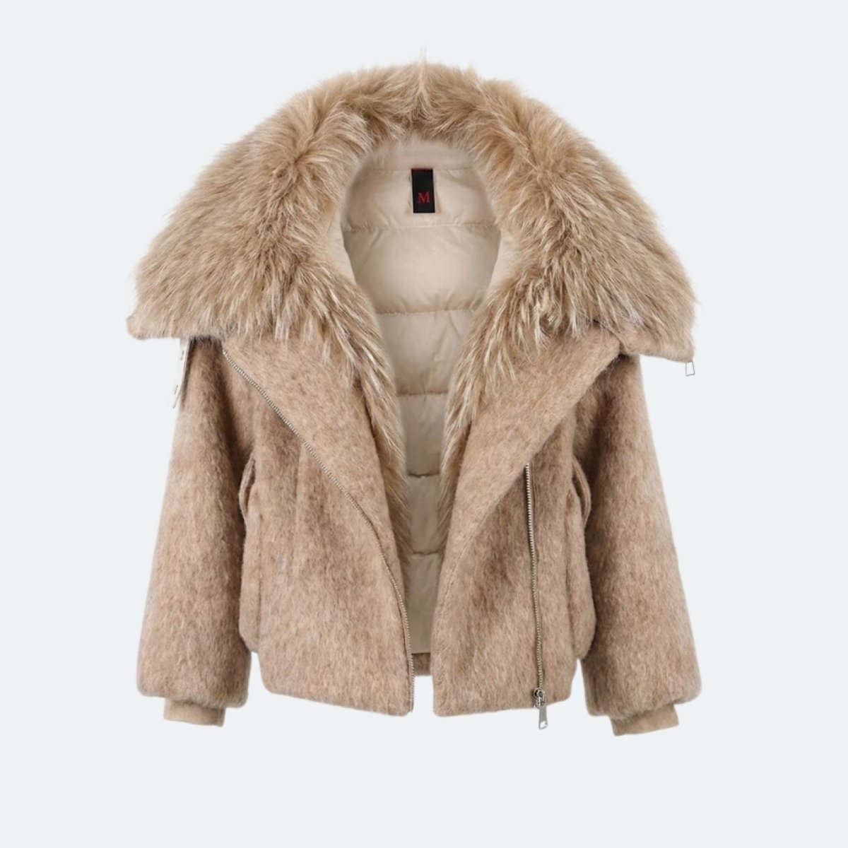 Product shot of the Kouvr beige aviator jacket unzipped, showing the quilted interior lining and asymmetrical design.
