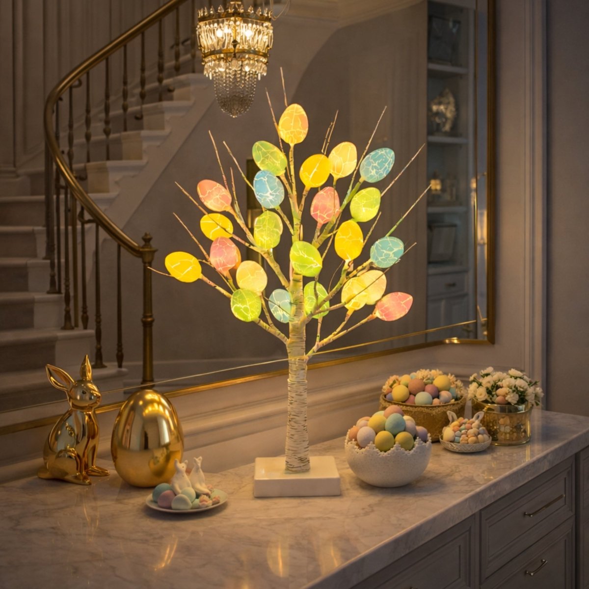 An elegant lighted Easter egg tree on a marble console table in a grand foyer, decorated for a luxury spring holiday.
