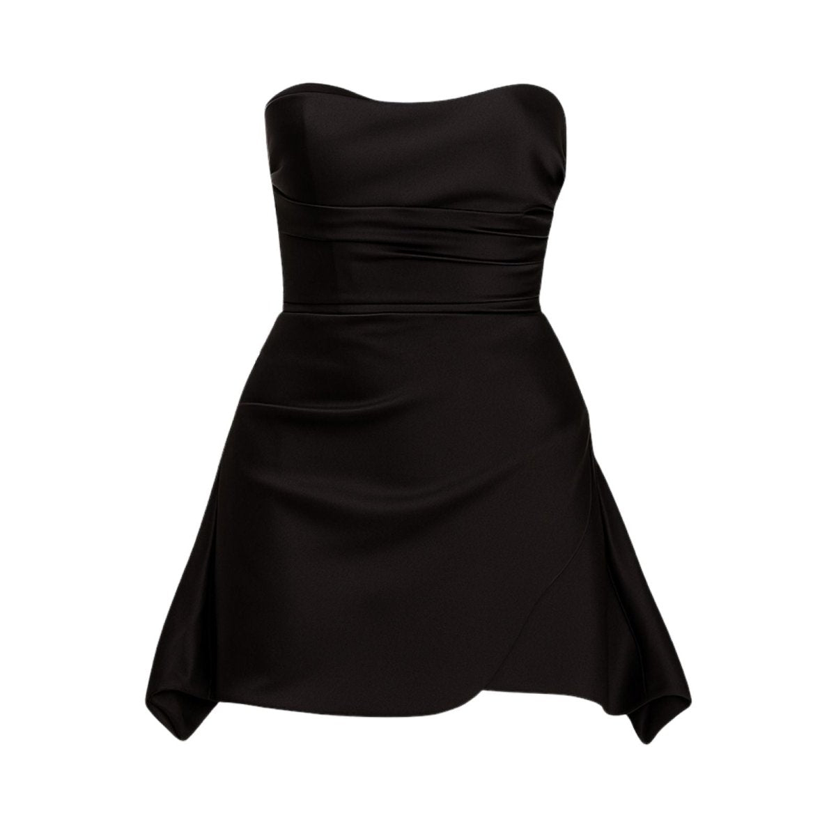 Kouvr Eesha black strapless ruched satin mini dress on a white background.