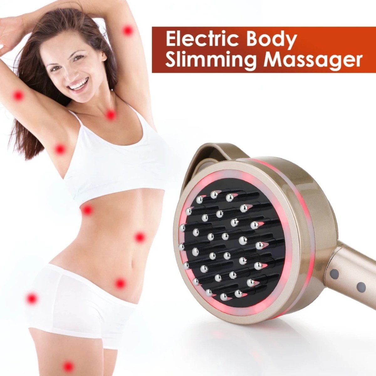 A smiling woman in white activewear with red dots on her body, indicating target areas for the Kouvr electric body slimming massager shown.
