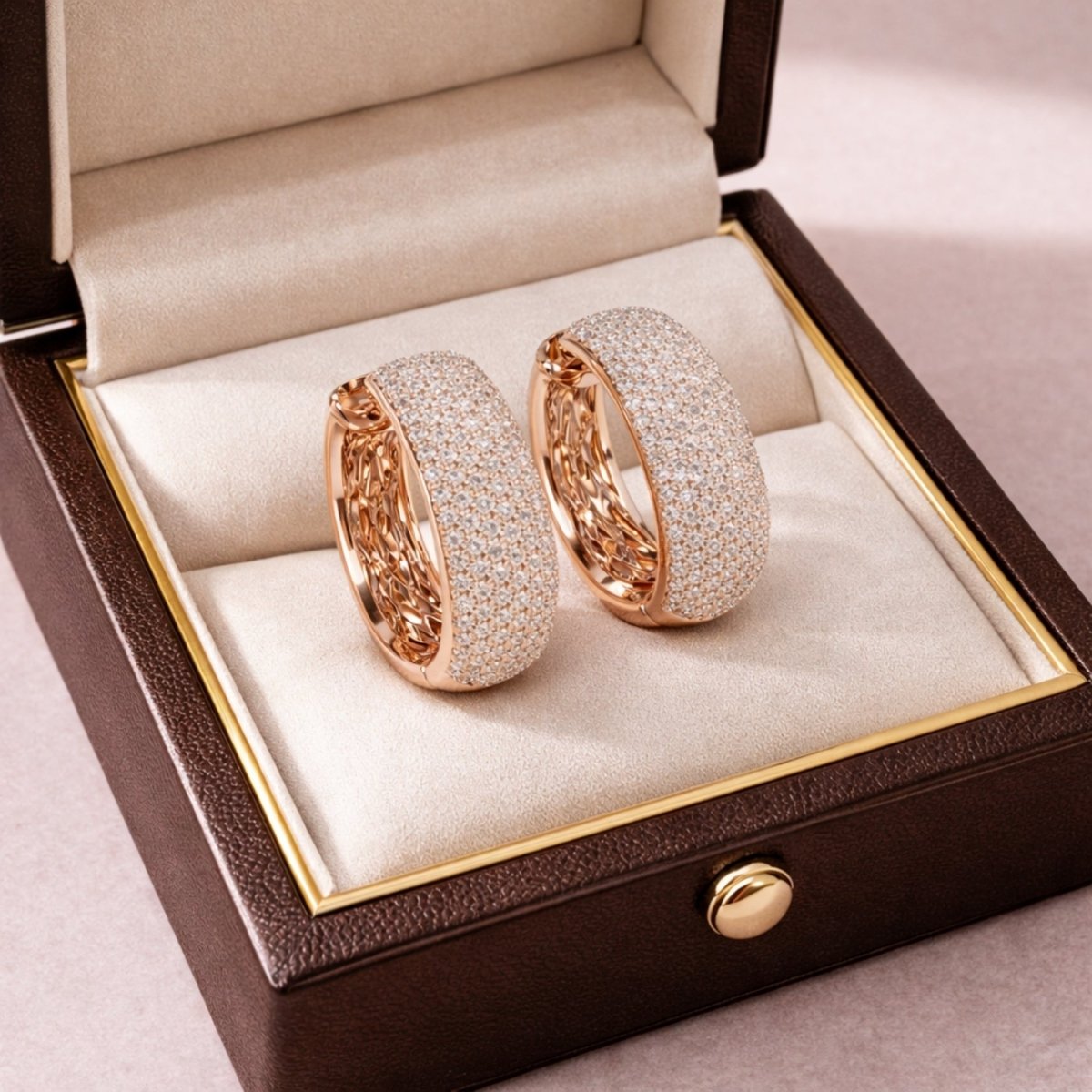 The Kouvr Emmiline pavé diamond hoops presented in an open, premium brown leatherette jewelry box with a gold trim.