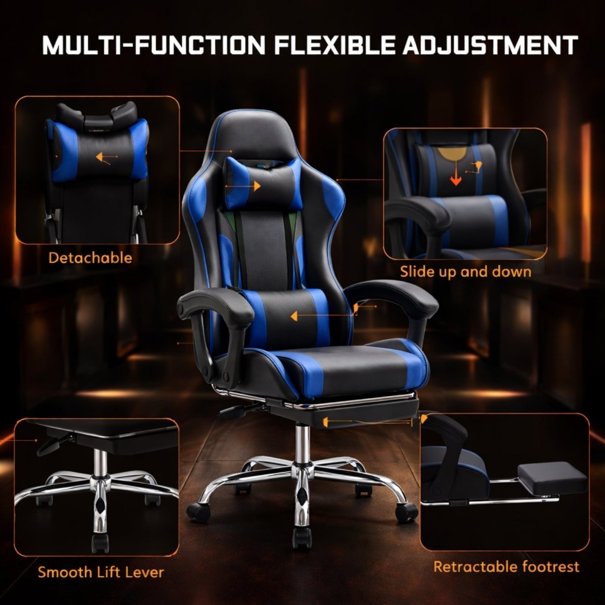 Feature breakdown of the Kouvr gaming chair, highlighting the adjustable pillows, smooth lift lever, and retractable footrest.