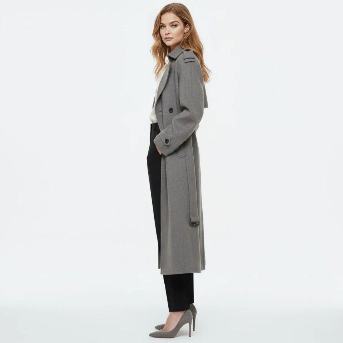 Side profile of a model wearing a double-breasted grey wool trench coat, showcasing its length and tailored silhouette.
