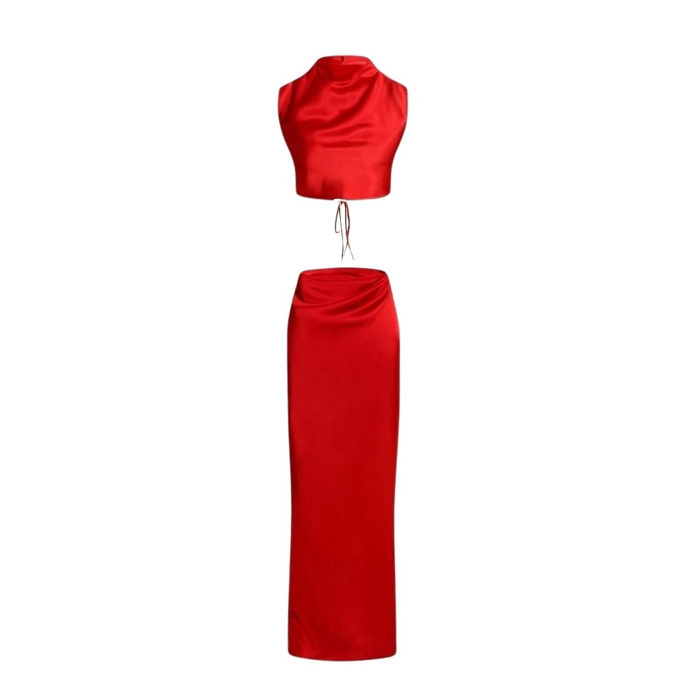 Flat lay of the Evelyn two-piece red satin set, showing the cowl-neck top and long maxi skirt.