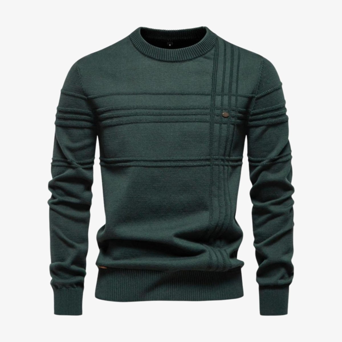 Product-only studio shot of the Ander Textured Crewneck Sweater in forest green, laid flat to show the intricate line detailing on the chest and sleeves.