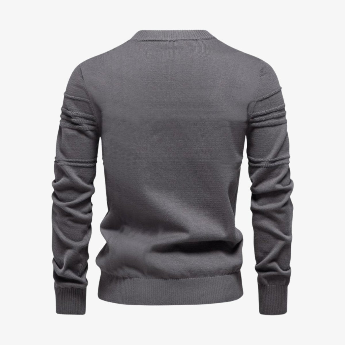 Back view of the Kouvr Fashion Ander grey knit sweater, showing the clean design and detailed texture on the sleeves.