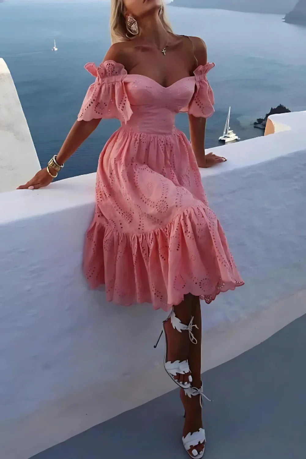 Kouvr Fashion Pink Annie Off-Shoulder Midi Dress with Ruffle Sleeves
