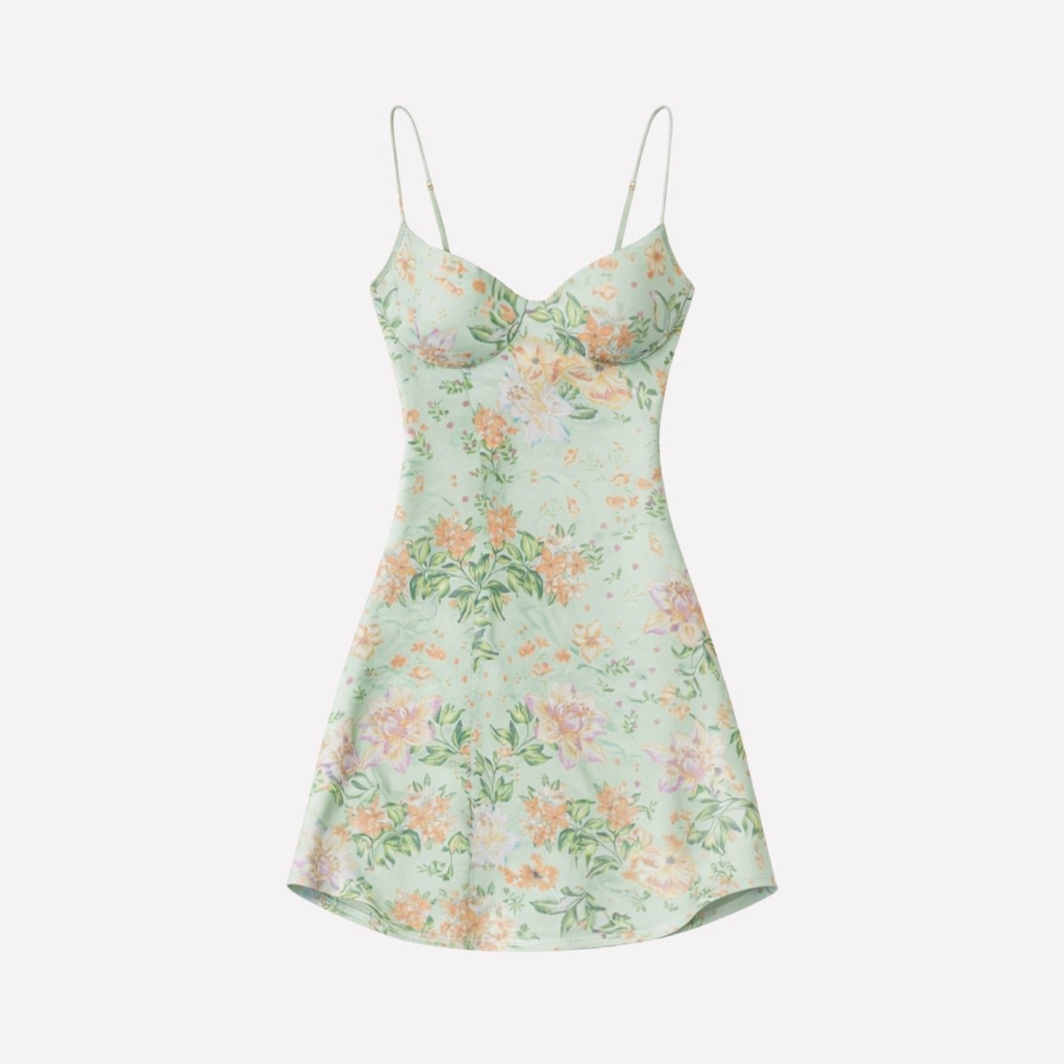 Flat lay of the front of the Kouvr Fashion Ariadne light green floral dress, showing the bustier cup details.