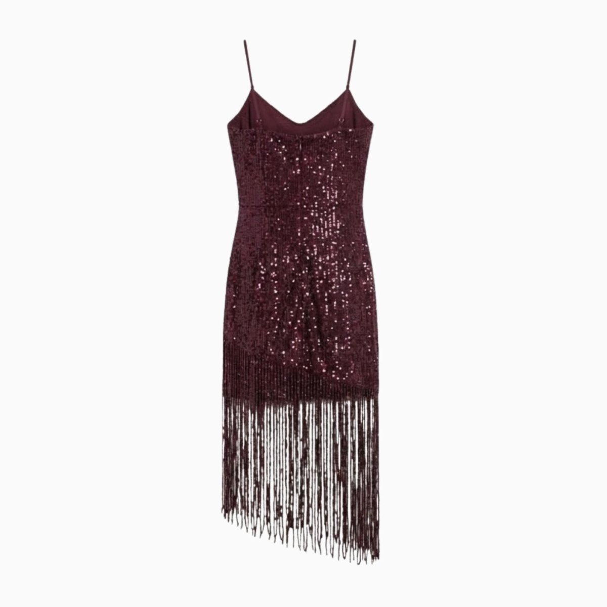 Flat lay product shot of the back of the burgundy sequin cocktail dress, showing the straight-across back and strap construction.