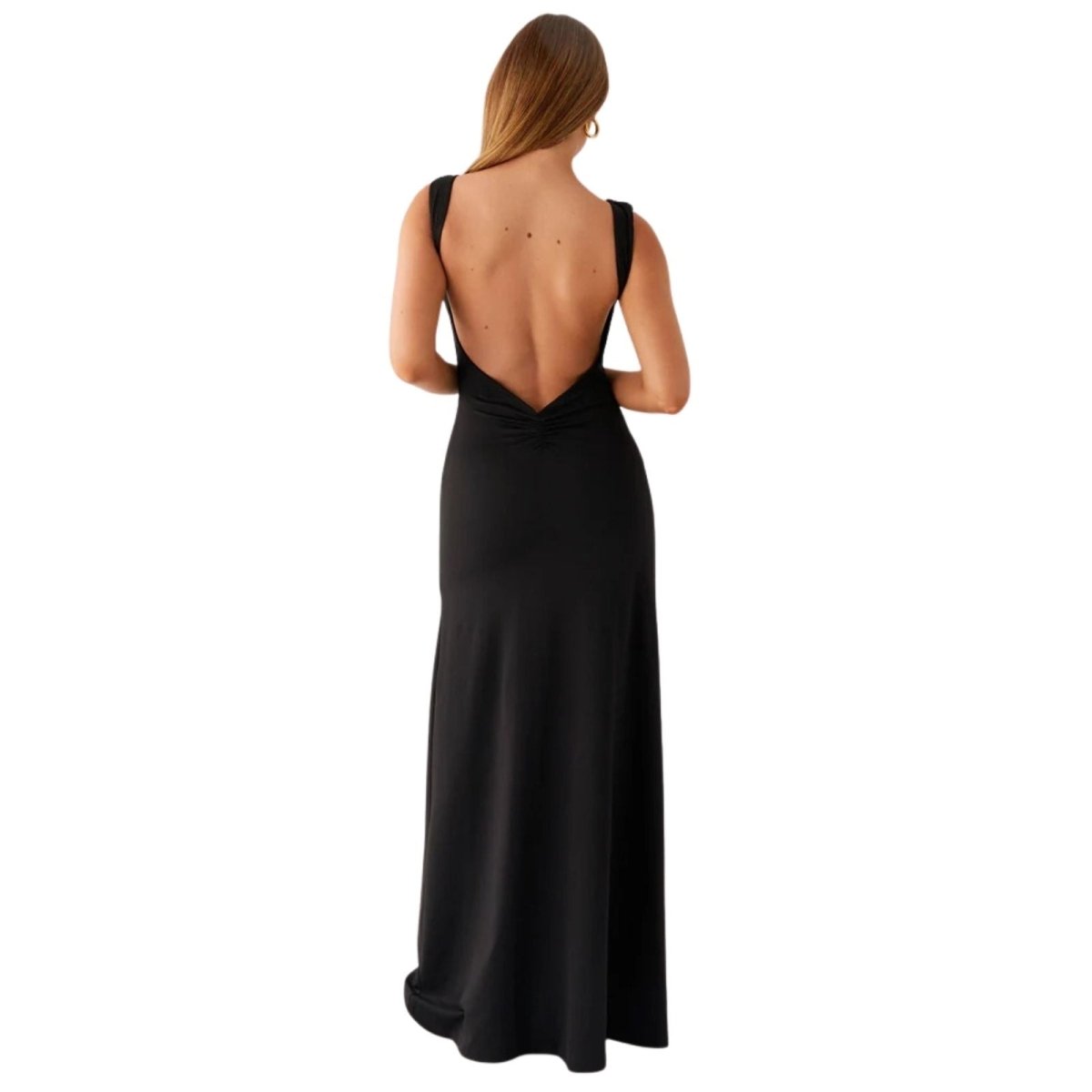 Full back view of the black Auralie Gown, highlighting the low scoop back with ruched detail and floor-length skirt.
