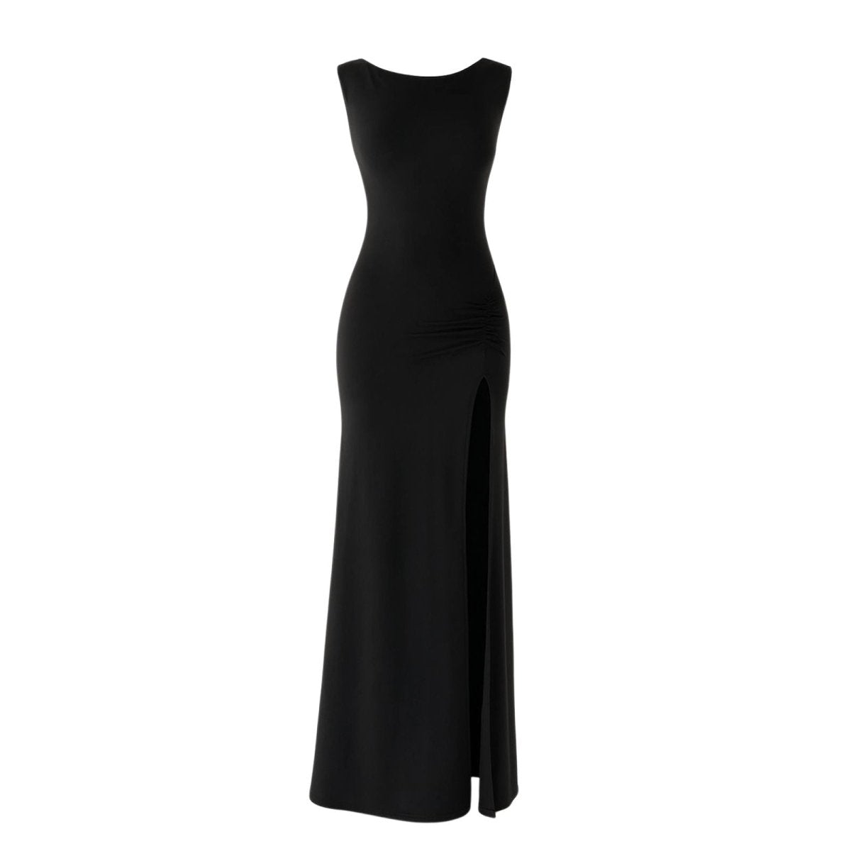 Flatlay of the front of the Kouvr Fashion Auralie Gown in black, showing the clean lines of the bateau neckline and thigh-high slit.
