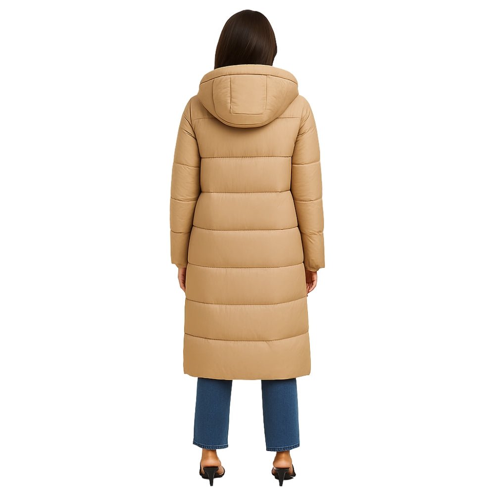 quilted outerwear," "thermal insulation," "cold weather essential," "winter parka," and "elegant down coat