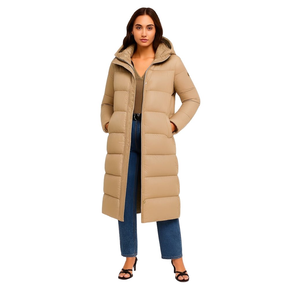 quilted outerwear," "thermal insulation," "cold weather essential," "winter parka," and "elegant down coat