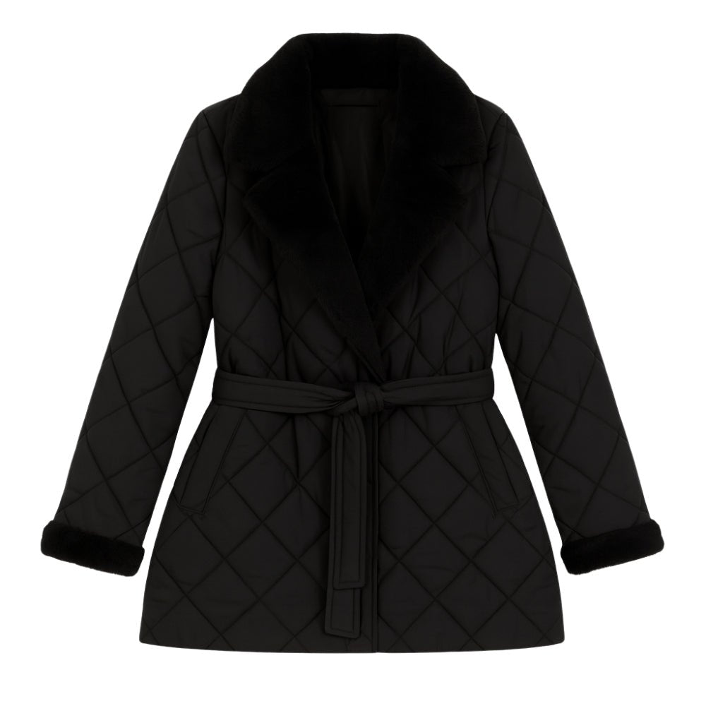diamond stitch," "wrap silhouette," "shearling trim," and "thermal puffer