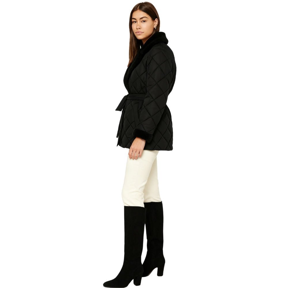 diamond stitch," "wrap silhouette," "shearling trim," and "thermal puffer