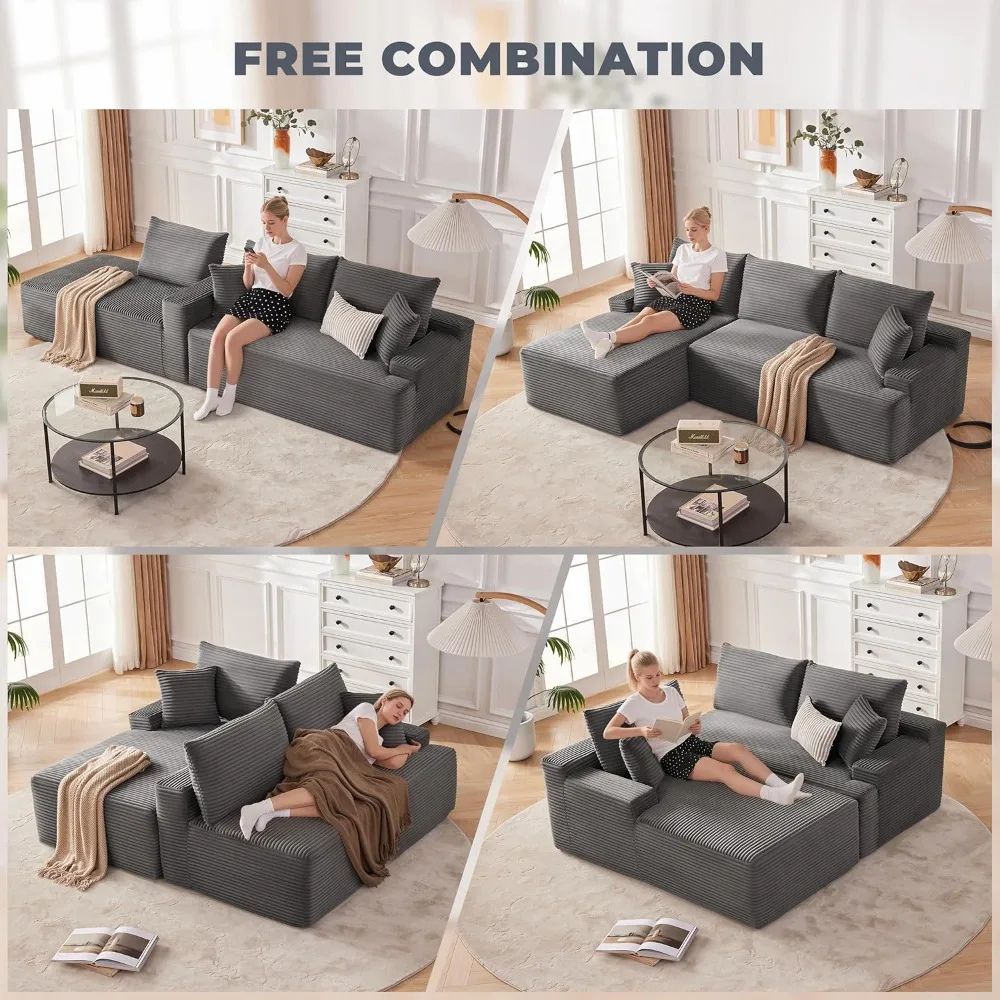 Kouvr modular deep seat sofa in black and dark grey corduroy shown in an L-shape with a beige throw blanket