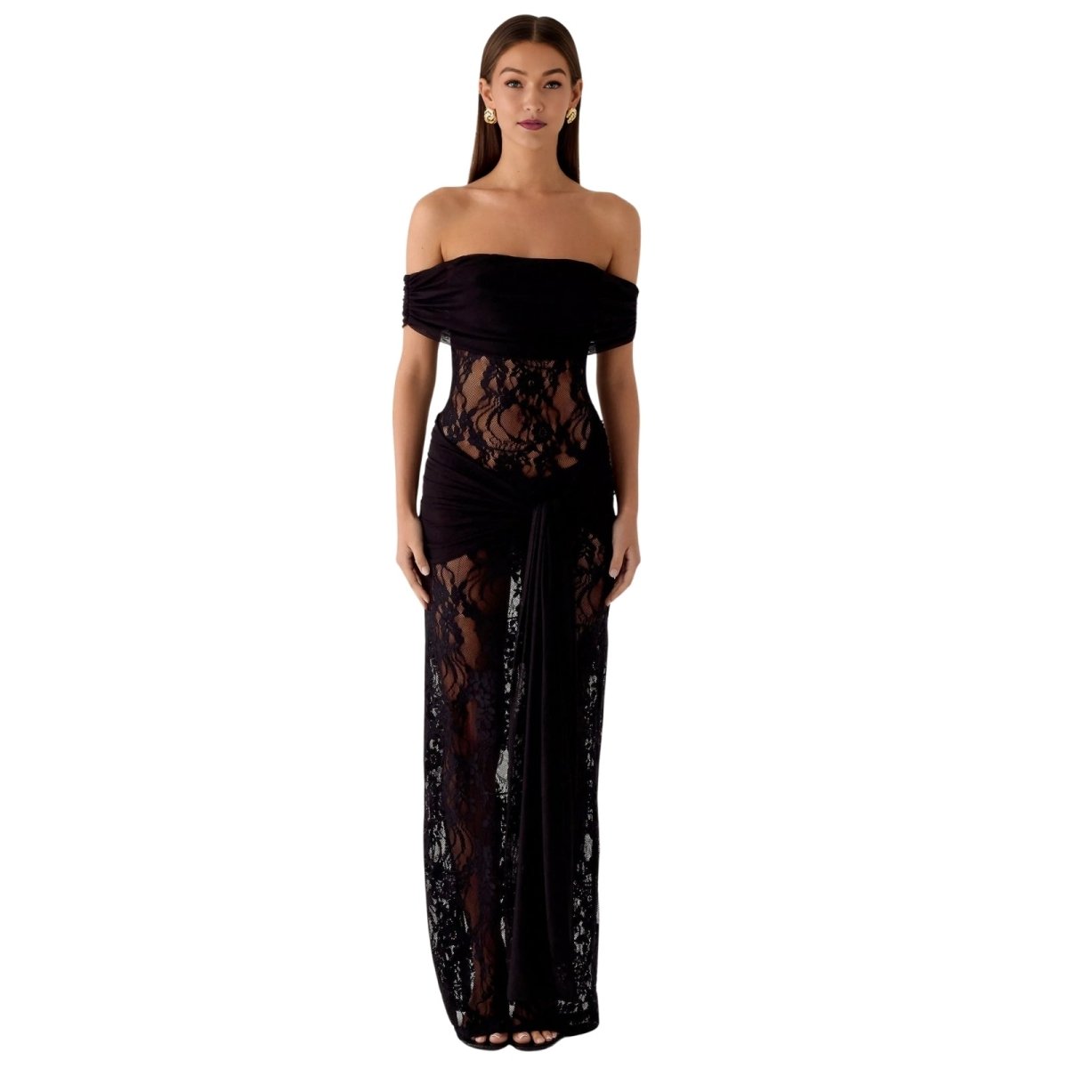 Woman wearing a black Kouvr  strapless lace gown on a white background
