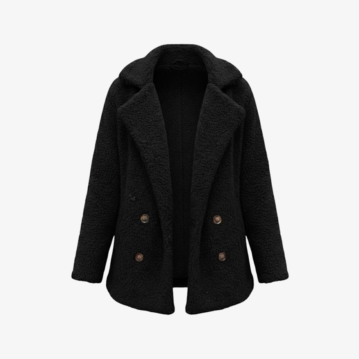 High-resolution studio shot of the Kouvr Fashion double-breasted black teddy coat, open to show the notched lapel.
