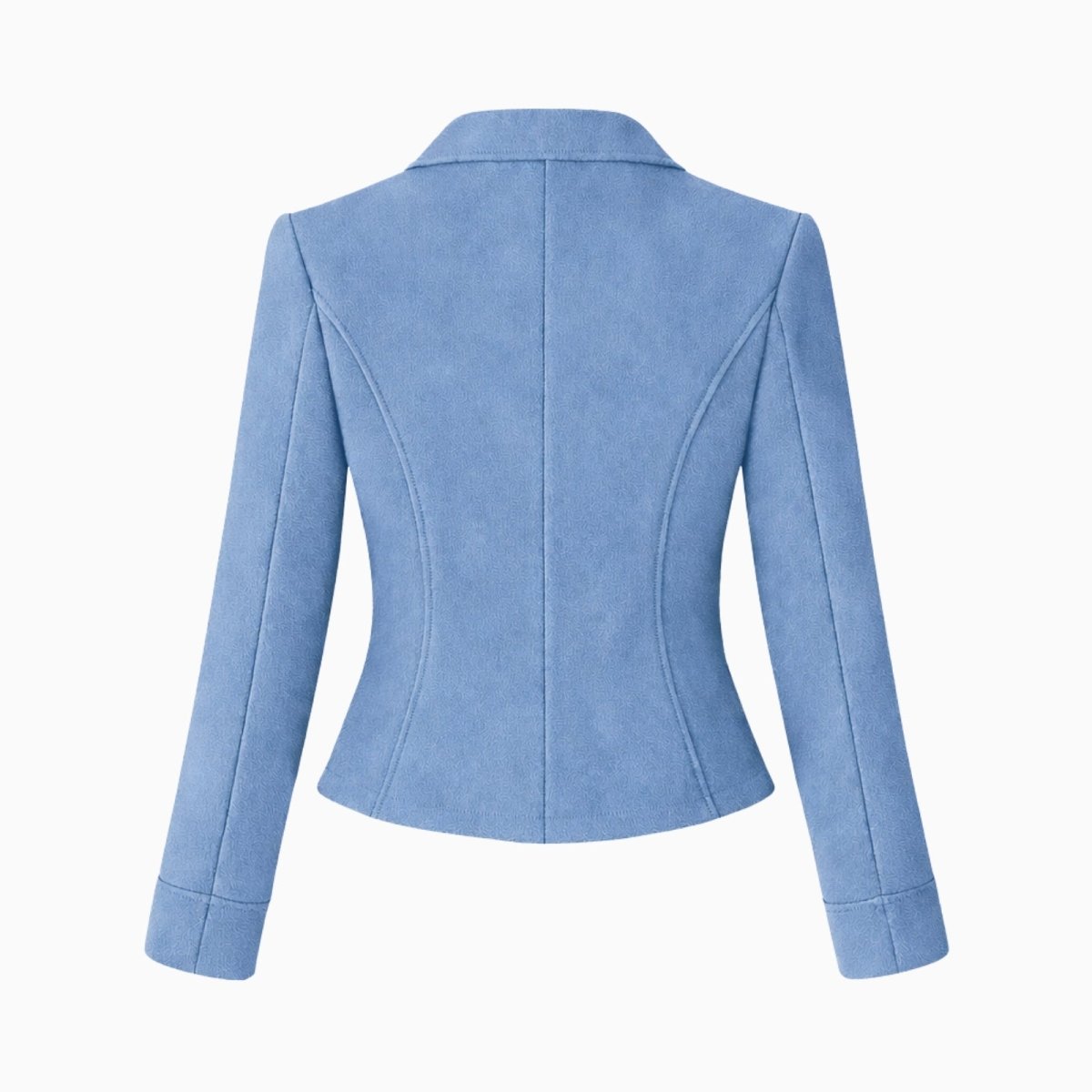 Product-only flat lay showing the back construction of the Kouvr Fashion blue tailored blazer.