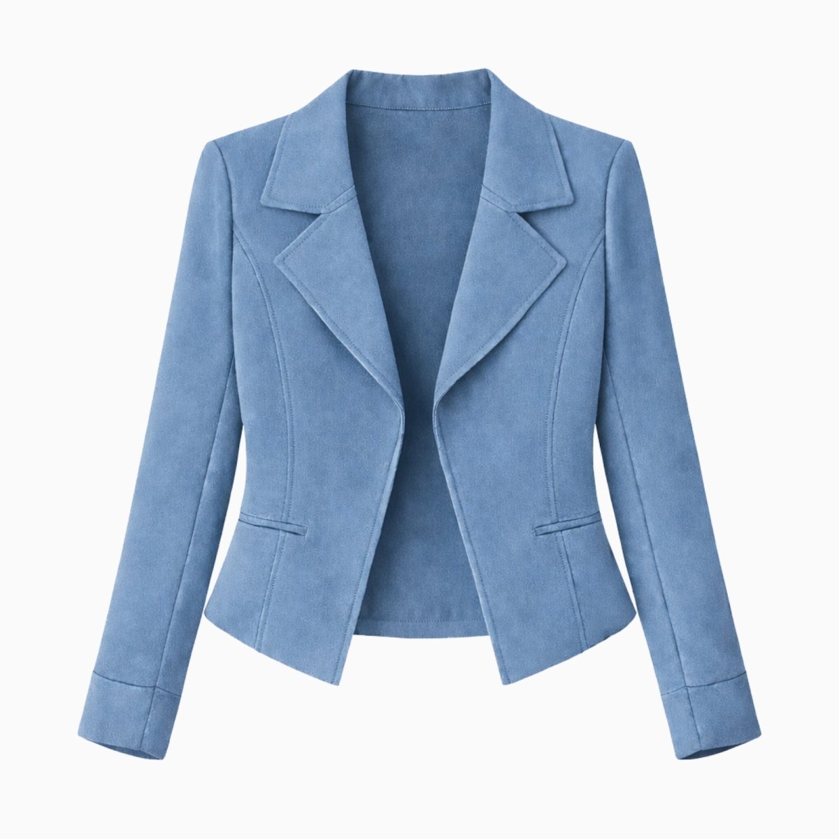 Product-only flat lay image of Kouvr Fashion's structured blue blazer with wide lapels on a white background