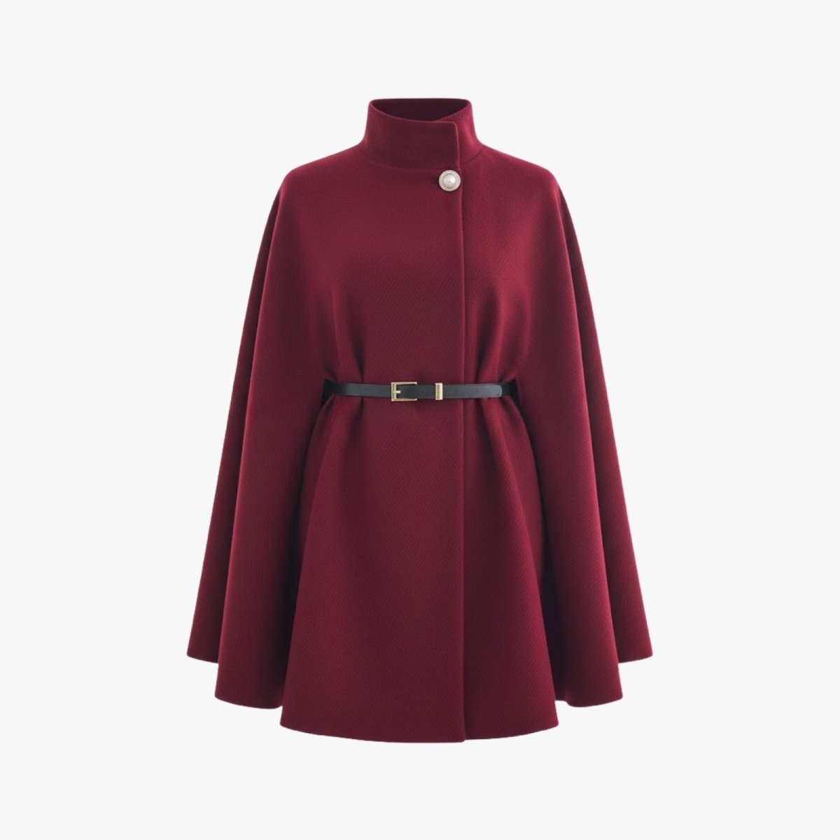 Front product shot of the Kouvr Fashion burgundy wool cape with a high collar, pearl button, and black belt on a white background.

