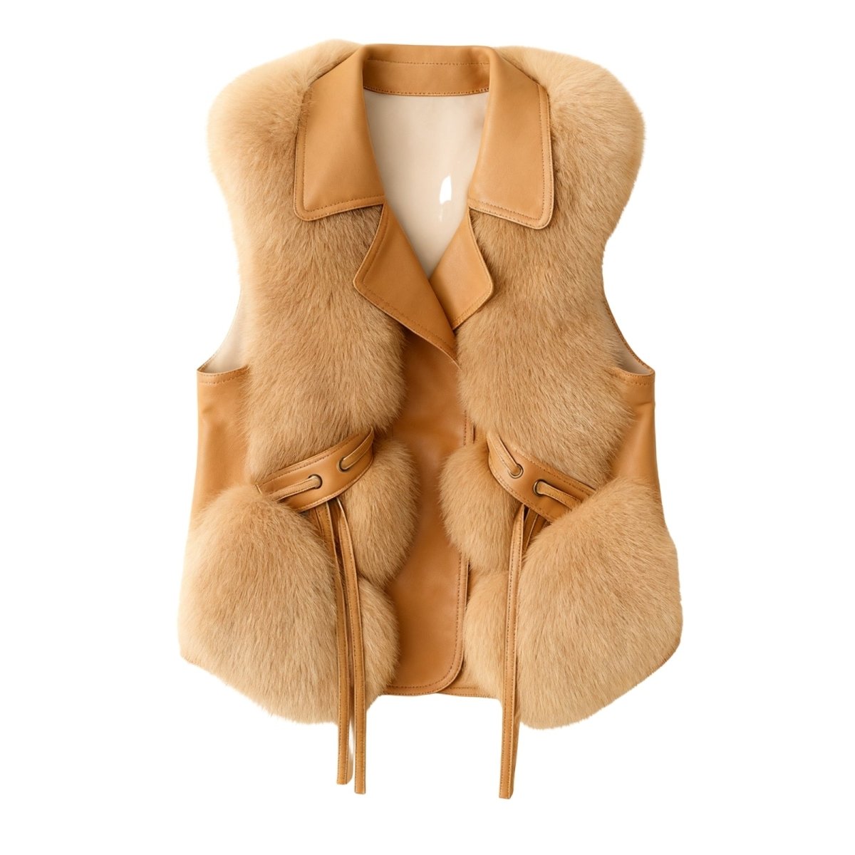 camel Kouvr fur vest with leather accents on a white background