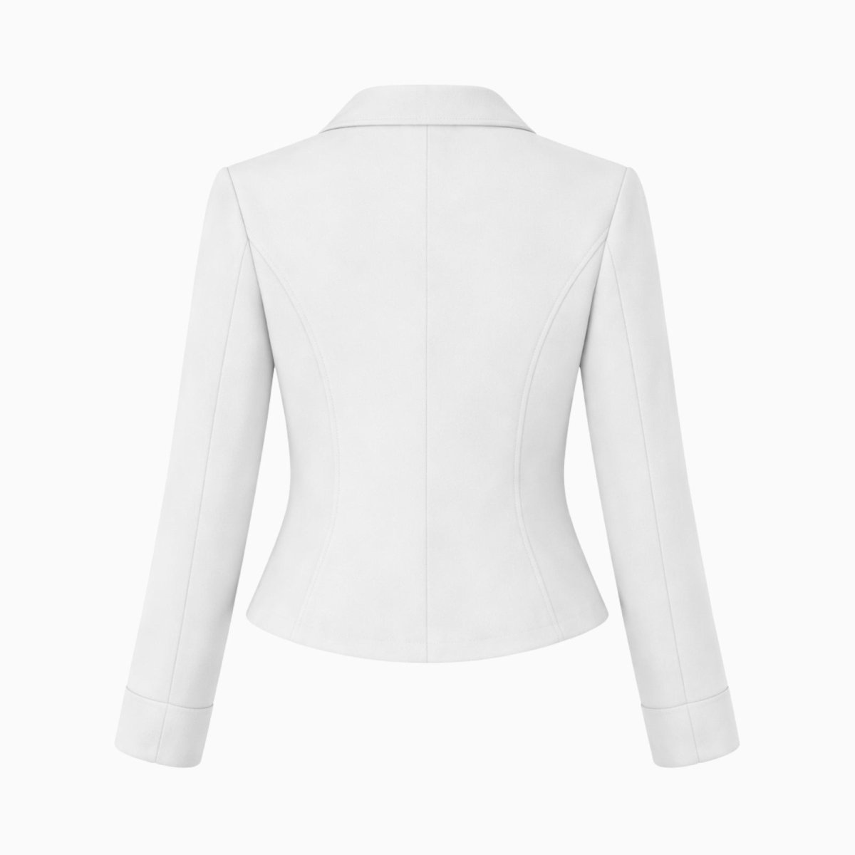 Flat lay product shot of the back of the Kouvr Fashion women's white blazer showing its construction and seams.