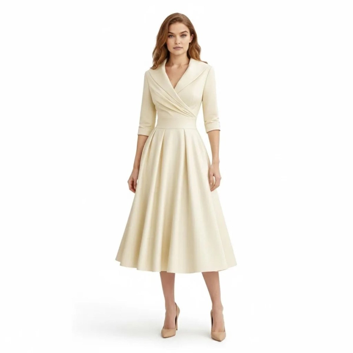 Model wearing the Kouvr Fashion cream shawl collar midi dress with 3/4 sleeves, showing the elegant A-line silhouette from the front.