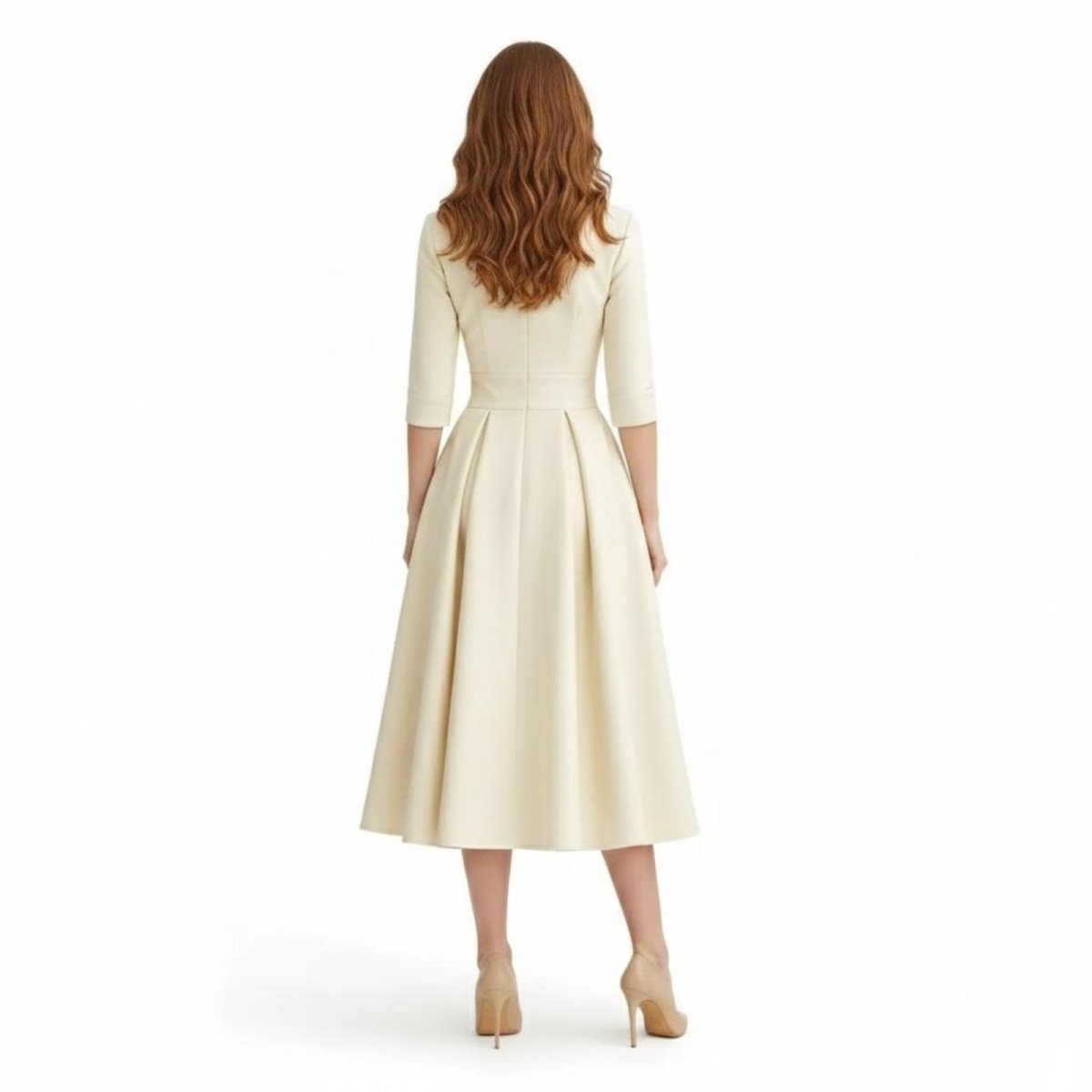 Back view of the Kouvr Fashion cream midi dress on a model, showcasing the defined waist and 3/4 sleeve design perfect for a wedding guest.